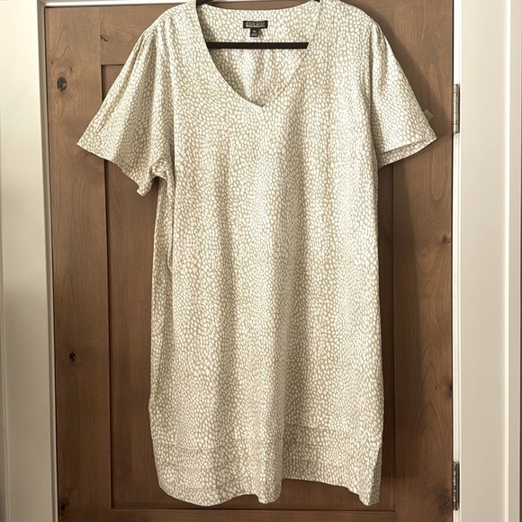 Nicole Miller Linen Mini Shift Dress Womens XXL Short Sleeve Beige Pebbled Print - Picture 1 of 7
